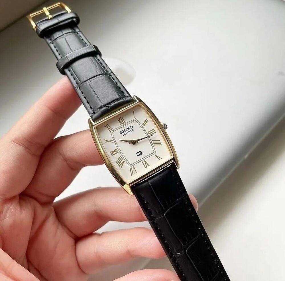 Vintage Style Seiko Quartz Mens Gold Watch & White accents W/ Leather Strap